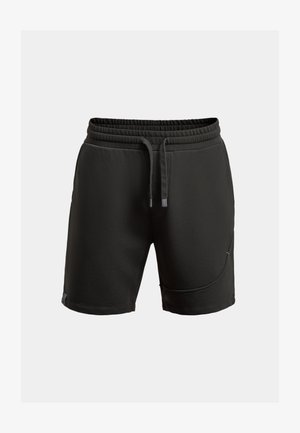 Zwarte sportshorts met een elastische tailleband, trekkoord, zijzak en een gladde stoftextuur. Ontworpen voor comfort en bewegingsvrijheid.