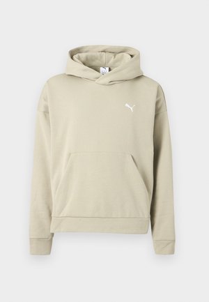 Beige Kapuzenpullover mit langen Ärmeln, Fronttasche und kleinem weißem Puma-Logo auf der Brust.