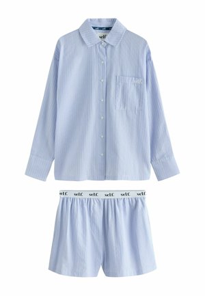 Light blue striped long-sleeve button-up shirt with chest pocket and matching elastic-waist shorts with "self." printed waistband.