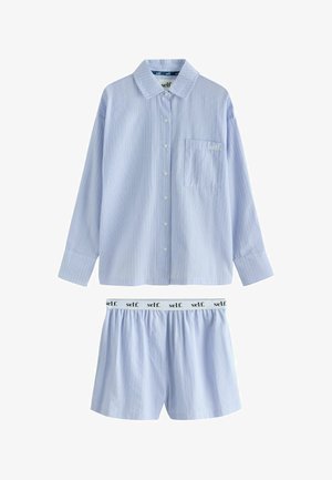 Light blue striped long-sleeve button-up shirt with chest pocket and matching elastic-waist shorts with "self." printed waistband.