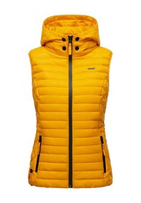 Puchowa żółta kamizelka z kapturem, zapinana na suwak z przodu, z dwoma bocznymi kieszeniami i pikowanym wzorem zapewniającym izolację. Czarna lamówka suwaka.
