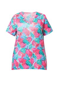 Top a maniche corte con scollo a V in tessuto leggero. Presenta un vivace motivo floreale in rosa, verde e blu con accenti a pois.