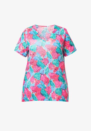 Kortærmet top med V-hals i letvægtsstof. Har et livligt blomstermønster i pink, grøn og blå med prikkede accenter.