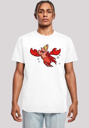 White cotton t-shirt featuring a red cartoon lobster graphic, detailed with yellow eyes and bubbles, with short sleeves and a relaxed fit.