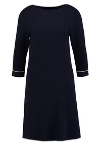 Robe en maille bleu marine avec manches trois-quarts et col rond. Présente un bord gris sur les poignets des manches. Coupe classique évasée, texture douce.