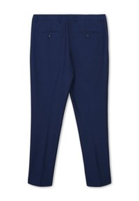Pantaloni blu navy con un motivo testurizzato, dotati di due tasche posteriori con bottoni e taglio dritto. Design su misura e tessuto morbido.
