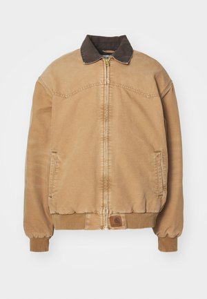 Tan bomber jacket with brown collar and ribbed cuffs. Features a front zipper and side pockets. Smooth fabric with tonal stitching.