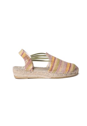 Lukkede espadrille-sandal med flerfarvet stribet stofoverdel, elastiske sidestropper og vævet jutesål med let kilehæl.