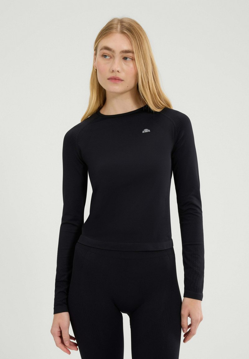 Zwart sportshirt met lange mouwen met een ronde hals, geribde textuur op de schouders en een klein logo op de borst. Rekbare stof.