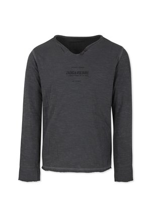 Chemise à manches longues en gris foncé, en tissu doux. Caractérisée par un col rond avec un détail de bouton et un imprimé logo subtil sur le devant.
