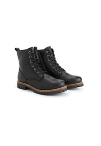 Zwarte leren enkellaarsjes met ronde neuzen, veters en een zijrits. Voorzien van een geprofileerde rubberen zool en een contrasterende houten tussenzool.