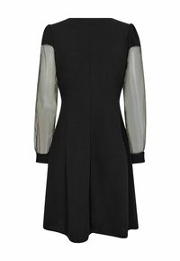 Black dress with a fitted bodice and flared skirt, featuring sheer long sleeves and a smooth texture. Minimalistic design with a back closure.