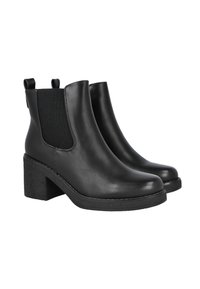 Par de botas de piel negras hasta el tobillo con tacones cuadrados y paneles laterales elásticos, diseñadas para facilitar su uso al deslizarse.