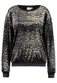 Černá a zelená mikina s leopardím potiskem, dlouhé rukávy, kulatý výstřih a elastické manžety a lem. Měkká, sametová textura.