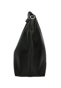 Schwarze Lederhandtasche mit strukturierter Oberfläche, schmal zulaufender Form und silberner Hardware-Akzent am Tragegurt. Seitlicher Reißverschluss zum Verschließen.