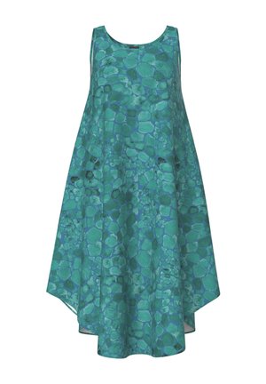 Mouwloze A-lijn jurk met een onregelmatige zoom, met een groen-blauw abstract steenmotief.