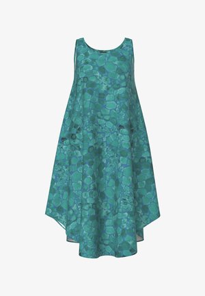 Robe sans manches en ligne A avec ourlet irrégulier, présentant un motif abstrait de pierres vertes et bleues.