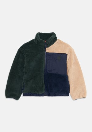 Veste en polaire avec un design coloré en blocs vert, beige et marine. Tissu texturé avec une fermeture éclair intégrale et un col montant, inclut un détail de logo.