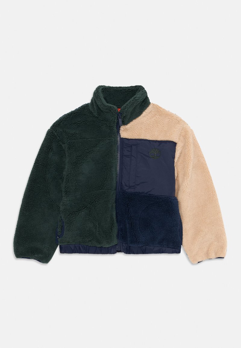 Jachetă din fleece cu un design în blocuri de culori verde, bej și bleumarin. Material texturat, cu fermoar complet și guler înalt, include detalii cu logo.