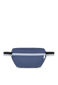 Borsetta in nylon blu con una cerniera bianca, cinturino nero e bianco, forma rettangolare e superficie liscia. La parte frontale presenta un unico scomparto con cerniera.