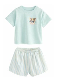 Lyseblå kortærmet t-shirt med designs af en tigeransigt. Kombinationen med stribede lyseblå og cremefarvede shorts, elastisk talje, blødt stof.
