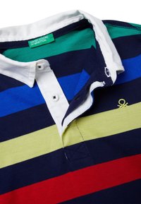Koszulka polo z poziomymi paskami w kolorach granatowym, czerwonym, zielonym i niebieskim. Biały kołnierzyk i listwa z guzikami. Wewnątrz kołnierzyka znajduje się metka marki. Wykonana z bawełny.