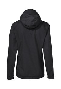 Zwarte waterdichte jas met een capuchon, voorzien van elastische manchetten en een strak ontwerp. Soepele textuur en minimalistische stijl.