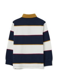 Polo a maniche lunghe con righe navy, bianche e marrone bordeaux e colletto senape. Tessuto di cotone liscio con una vestibilità classica.