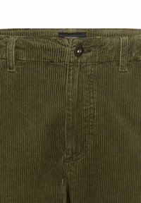 Corduroy pants in dark green with vertical ribs, featuring a front button closure and side pockets. Textured fabric with a soft finish.