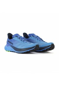 Niebieskie buty sportowe z siateczkową cholewką, kontrastującymi ciemnoniebieskimi akcentami, wyściełanym kołnierzem i czarną gumową podeszwą z głębokim bieżnikiem.