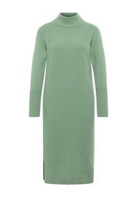 Grünes Strickkleid mit hochgeschlossenem Kragen, langen Ärmeln, gerippter Textur und seitlichen Schlitzen, gefertigt aus weichem Stoff.