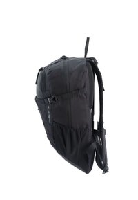Black backpack made of durable fabric, featuring a padded back, adjustable straps, and multiple zippered compartments for organization.