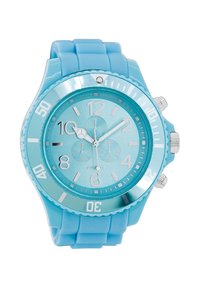 Montre en silicone bleu aquatique avec un cadran rond, des index heures en argent et une lunette brillante. Elle comprend trois sous-cadrans et un bracelet texturé.