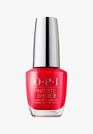 Lakier do paznokci OPI Infinite Shine 2 w jaskrawym czerwonym kolorze. Okrągła szklana butelka z metalową, srebrną zakrętką. Na froncie umieszczone szczegóły dotyczące marki i produktu.