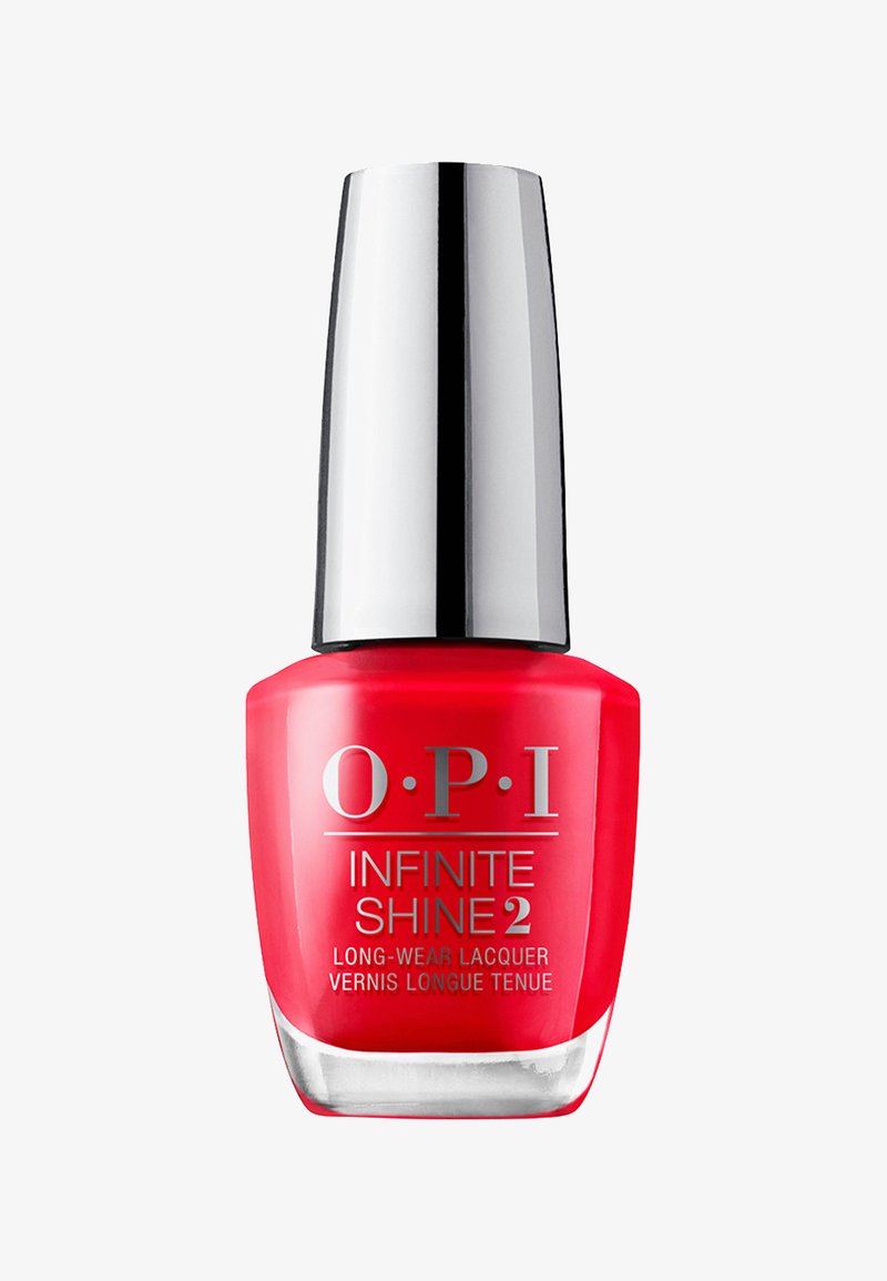 Lacca per unghie OPI Infinite Shine 2 di colore rosso brillante. Bottiglia di vetro conica con un tappo argentato. Presenta dettagli del marchio e del prodotto stampati sul fronte.