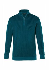 Tealfärgad zip-up tröja med ribbad textur, långa ärmar och hög krage. Har en rak nedre fåll och en liten logotypdetalj längst ner.