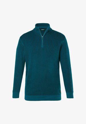 Turkusowy sweter na zamek z prążkowanej tekstury, długimi rękawami i wysokim kołnierzem. Posiada prosty dół i mały akcent z logo na dole.