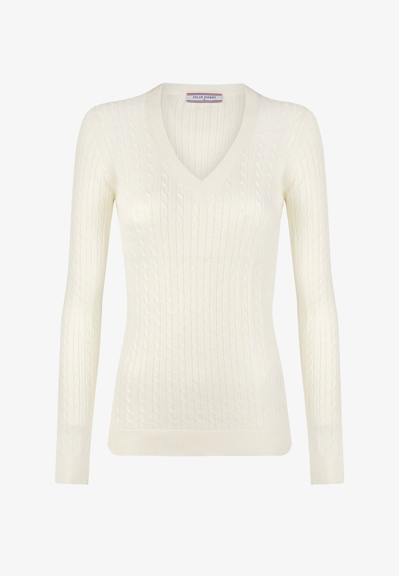 Pull long à manches longues en tricot à torsades de couleur crème avec un col en V et des poignets et un ourlet côtelés, taille petite, étiqueté Felix Hardy.