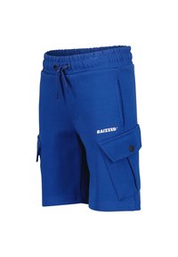 Blue shorts made of soft fabric, featuring an elastic waistband with drawstring, side pockets, and a cargo pocket with snap closure.