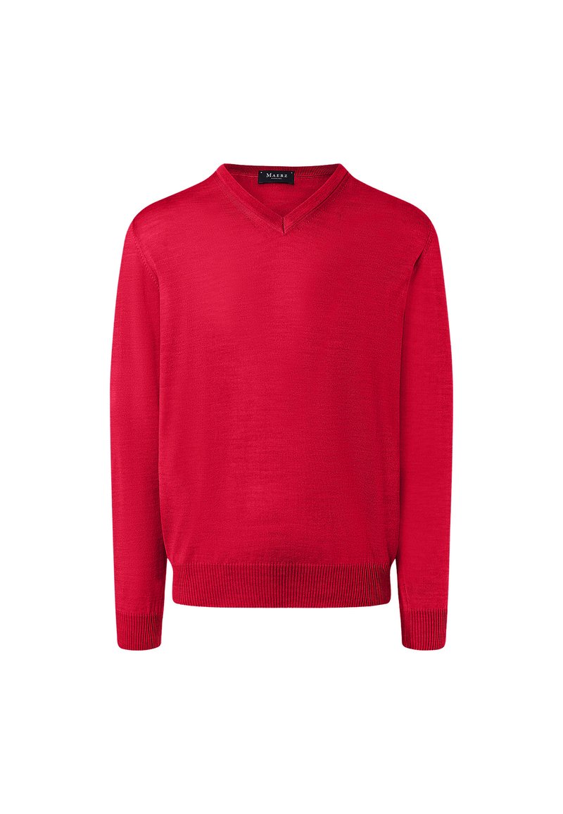 Suéter rojo de cuello en V con mangas largas, hecho de una tela de punto suave. Presenta puños y dobladillo acanalados. Diseño simple, sin patrones ni acentos.
