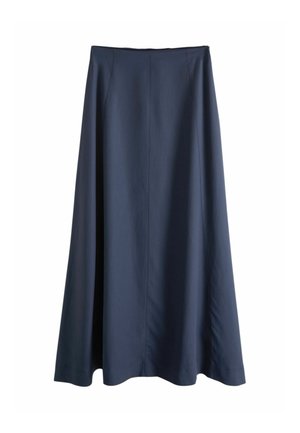 Gonna lunga a linea ad A blu navy con vita alta e tessuto liscio, mostrata distesa su uno sfondo bianco.