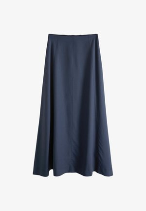 Gonna lunga a linea ad A blu navy con vita alta e tessuto liscio, mostrata distesa su uno sfondo bianco.