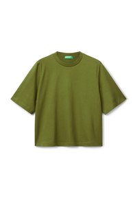 Olivově zelené, krátké rukávy, tričko s crew neck a cropped střihem, s žebrovaným límcem a zelenou štítkem uvnitř výstřihu.