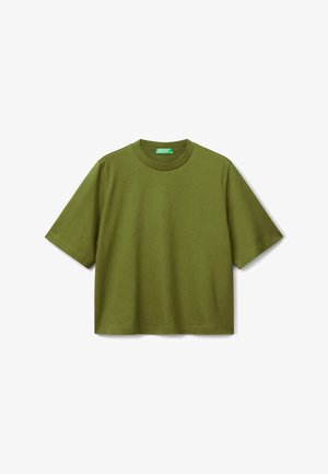Olive green, short-sleeve, crew neck crop T-shirt with a ribbed collar and a green label inside the neckline.