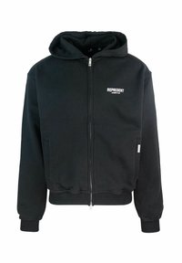 Felpa nera con cerniera realizzata in un misto di cotone, con tasca frontale, polsini a coste e un logo bianco "REPRESENT" sul petto.