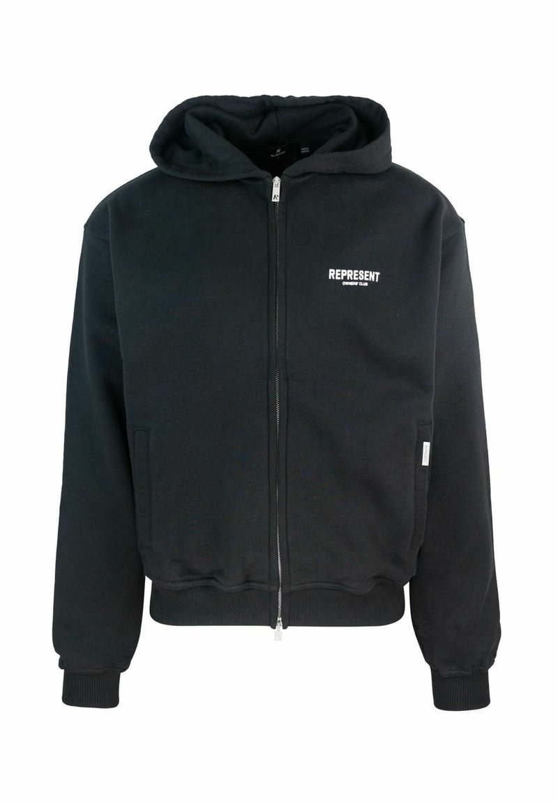 Felpa nera con cerniera realizzata in un misto di cotone, con tasca frontale, polsini a coste e un logo bianco "REPRESENT" sul petto.