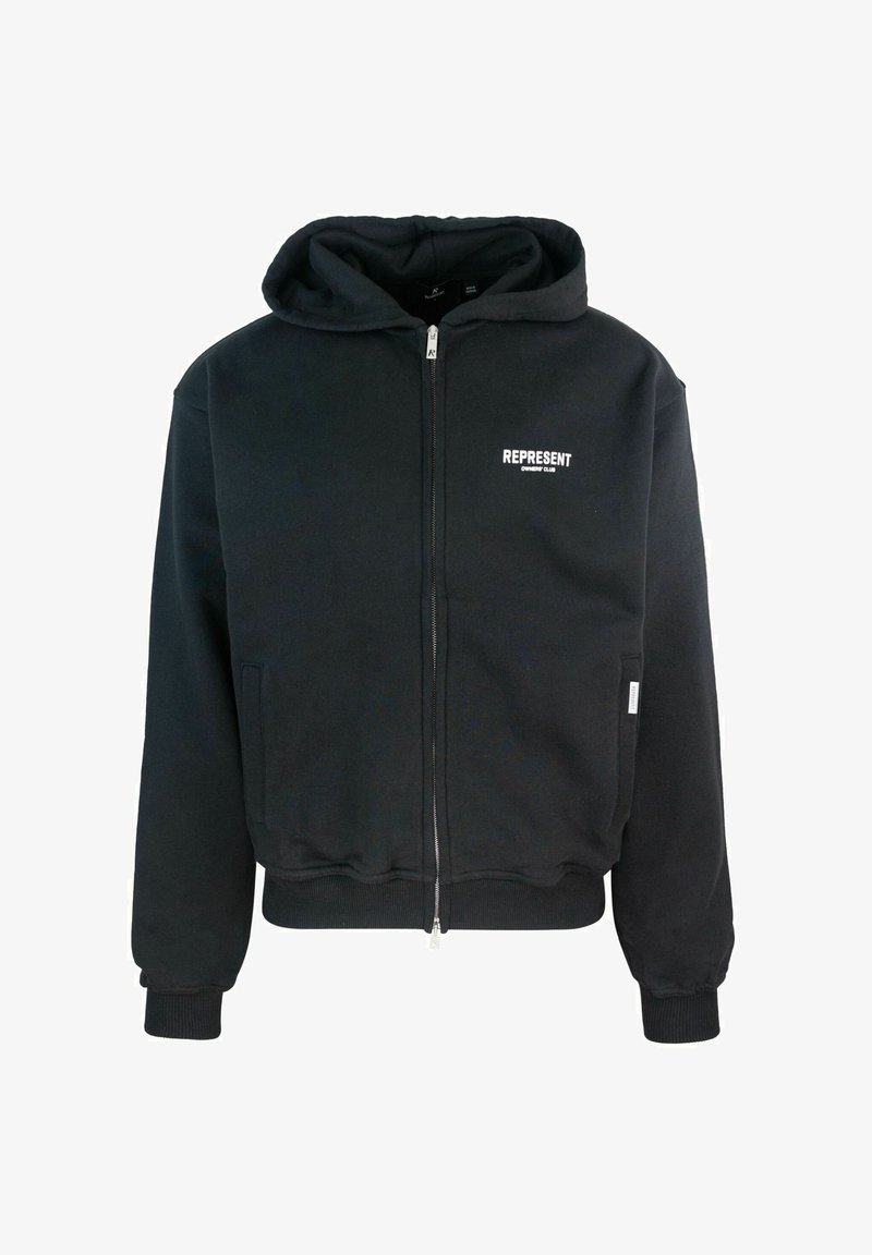 Felpa nera con cerniera realizzata in un misto di cotone, con tasca frontale, polsini a coste e un logo bianco "REPRESENT" sul petto.