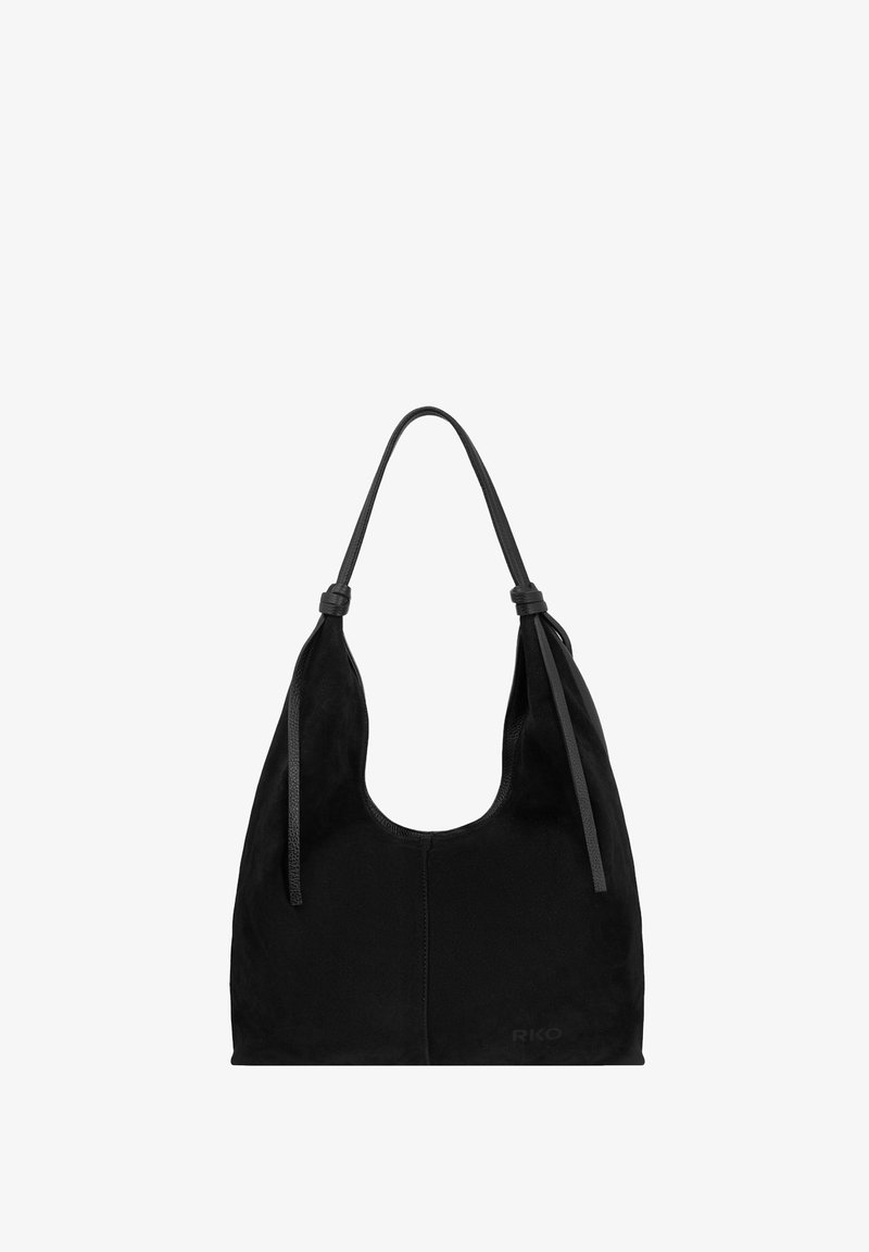 Sac à bandoulière en cuir noir avec une seule sangle et des détails noués de chaque côté, avec un logo "RKO" embossé subtil près du bas.