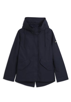 Donkerblauwe hooded waterdichte jas met lange mouwen, borstzakken met klep aan de voorkant en verstelbare trekkoorden op de capuchon.