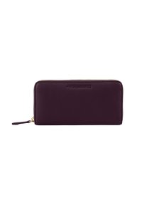Purple leather wallet with a zip closure, featuring a smooth texture and embossed branding. Gold hardware accents and a pull tab.